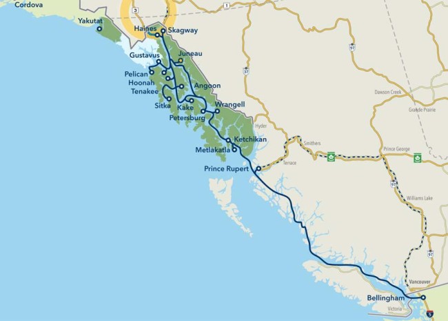 Ferries run from Bellingham, Wash., to Haines and Skagway. Ships also sail across the Gulf of Alaska and to Southeast ports. (Map courtesy AMHS)