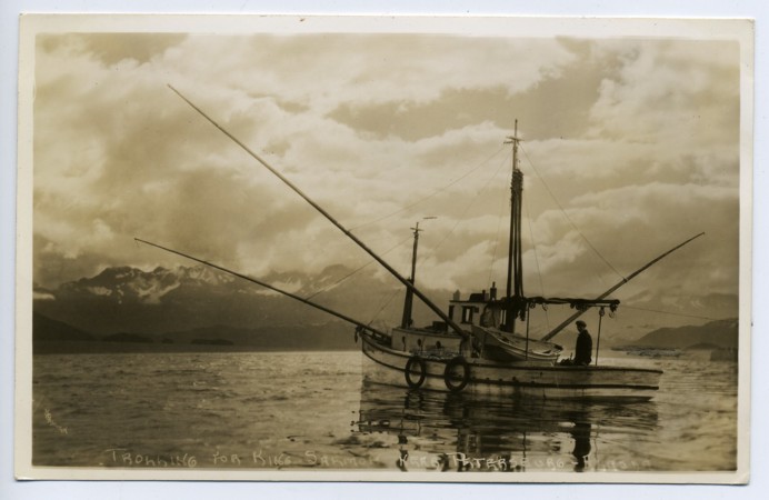 This is a salmon troller fishing near Petersburg in the 1930s. Creative Commons Photo by Tom Brandt)