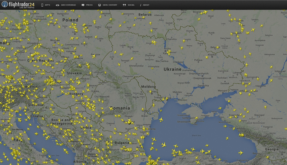 This screen grab from Flightradar24.com shows the pocket of open airspace above Ukraine after a Malaysia Airlines flight crashed in the eastern part of the country. Flightradar24.com