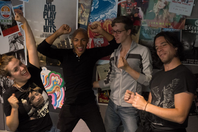 The stars of Mod Carousel getting down to Marvin Gaye's "Got To Give it Up" in the KXLL Studio. (Photo by Annie Bartholomew/KXLL)
