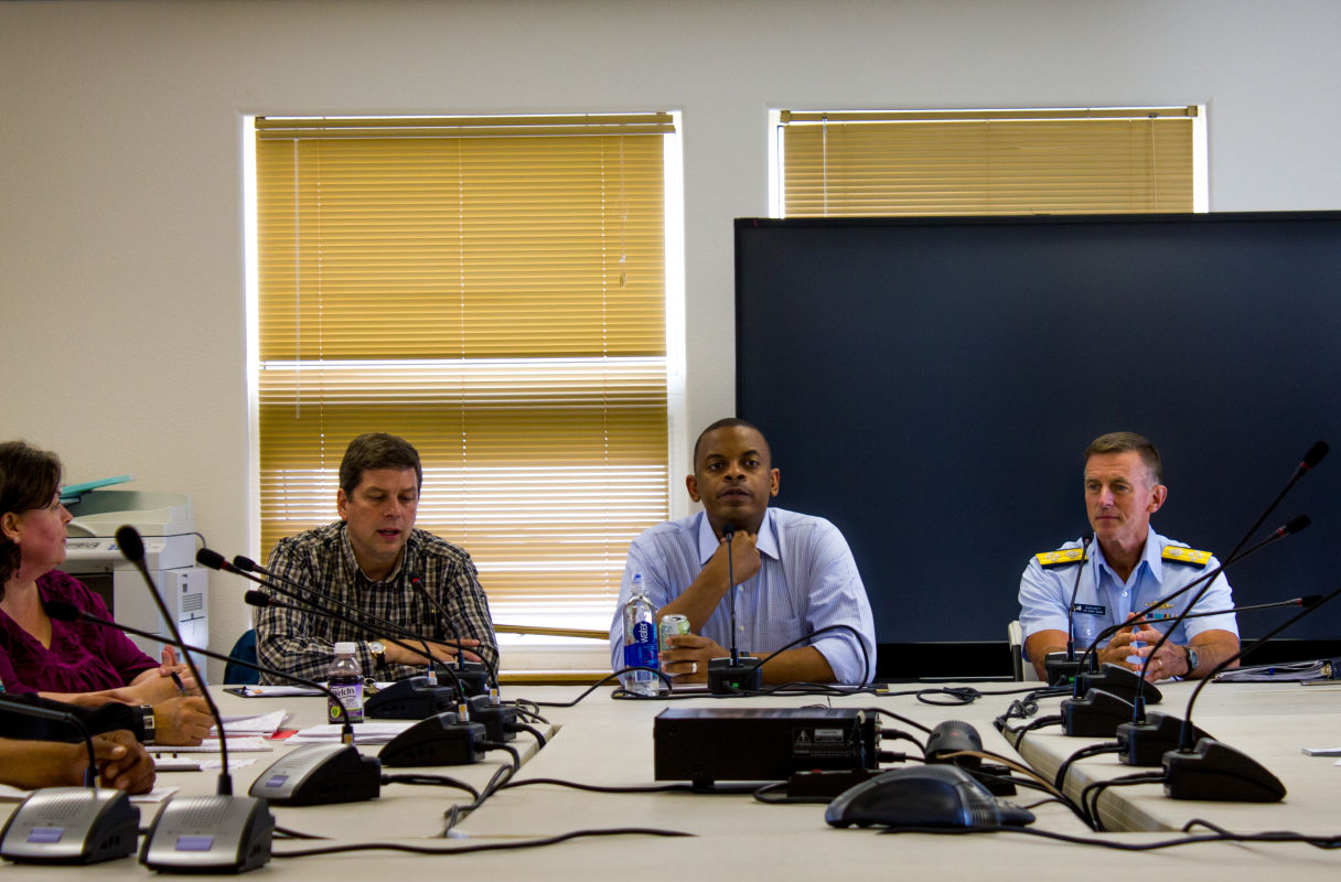 From left to right: Senator Mark Begich, Secretary of Transportation Anthony Foxx, and Commandant Paul Zukunft. (Photo by Caitlin Whyte/KNOM)