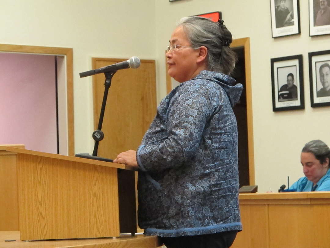 Agnes Gregory, the sister of Wassillie Gregory, the victim of alleged police brutality spoke before the Bethel City Council August 12th. (Photo by Ben Matheson / KYUK)