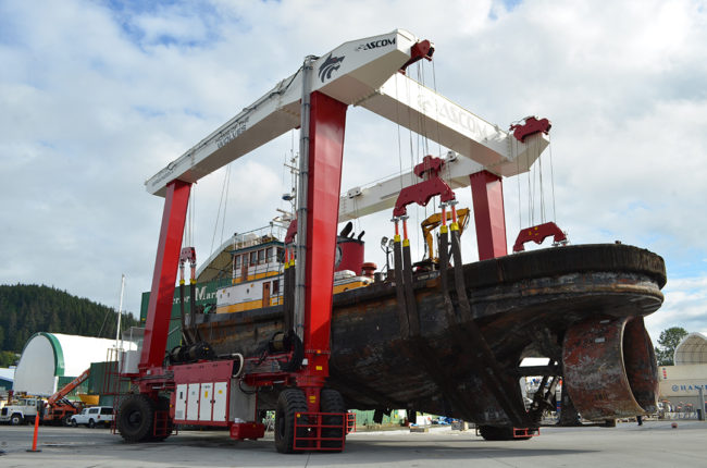 A boat lift hauls a 300-ton tug boat at the Wrangell Marine Service Center Wednesday, July 30, 2014. (Photo by Katarina Sostaric/KSTK)