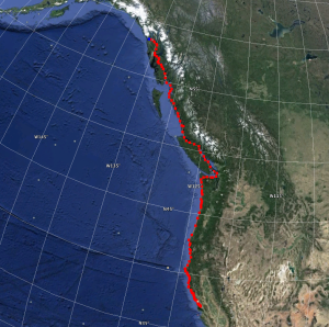 Zachary Brown's route home from Stanford University, walking and kayaking to Gustavus.