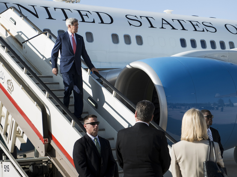 Secretary of State John Kerry arrives at Queen Alia Airport in Amman, Jordan, on Wednesday, ahead of a stop in Iraq. Kerry is hoping to nail down support for a U.S. plan to combat the Islamic State insurgency in Iraq and Syria. Reuters/Landov