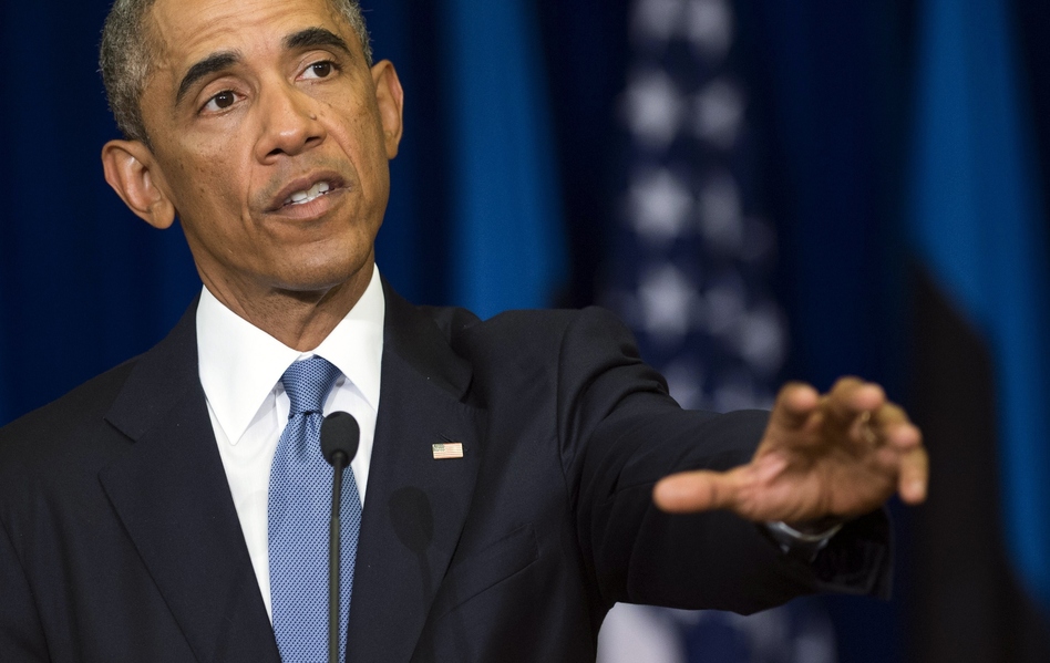 President Obama speaks during a press conference with the Estonian President at the Bank of Estonia in Tallinn, Estonia, on Wednesday. Saul Loeb/AFP/Getty Images