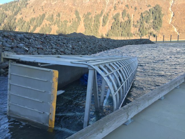 The harbormaster's office is looking for a crane to lift a gangway out of Douglas Harbor. High winds reaching over 70 mph pushed the gangway into the water over the weekend. (Photo by Lisa Phu/KTOO)