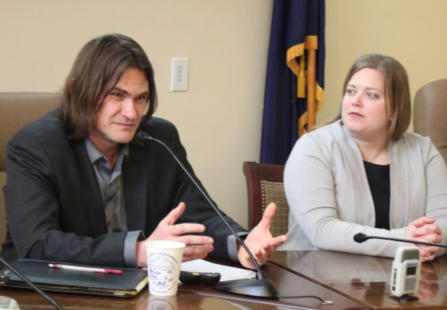 Writer David Holthouse shares his story of being raped as a child during a talk at the Alaska Capitol. Rep. Geran Tarr (D-Anchorage) first introduced Erin's Law last year. (Photo by Lisa Phu/KTOO)