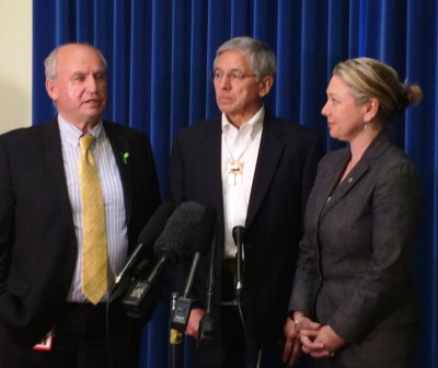 Alaska Lt. Gov. Byron Mallott, center, holds a press conference Monday with B.C. Mines Minister Bill Bennett and Environment Minister Mary Polak. (Photo courtesy B.C. government)