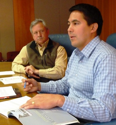 Sealaska CEO Anthony Mallott, right, discusses the regional Native corporation's earnings and losses as Chief Financial Officer Doug Morris looks on. (Photo by Ed Schoenfeld/CoastAlaska News)