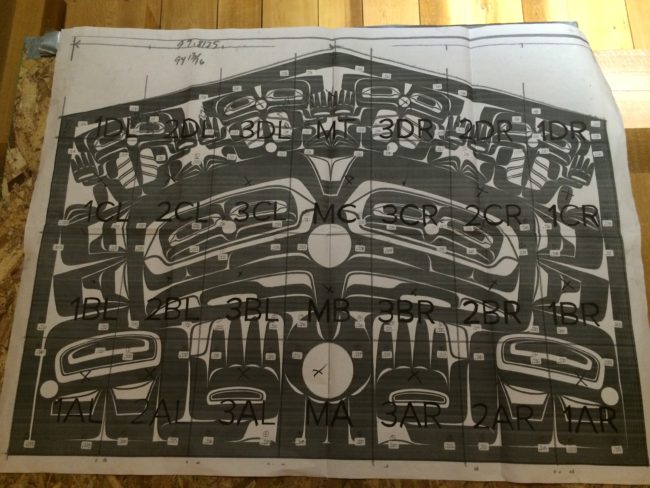 The blueprint of Singletary's 28 glass panels. They weigh close to 1,500 ponds all together. (Photo by Scott Burton/KTOO)