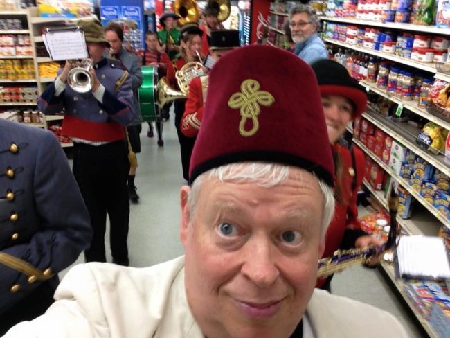 A selfie shot while the New Old Time Chautauqua band marches through a Wrangell supermarket, June 25, 2015. (Photo by Eben Sprinsock/New Old Time Chautauqua)