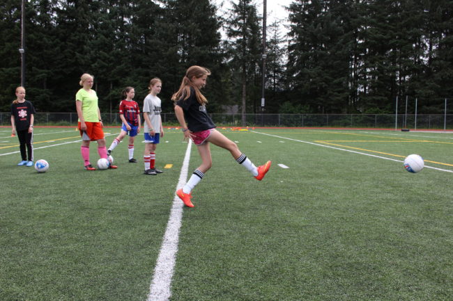 Juneau Soccer Club hosts the coed camp which teaches kids about the global sport. (photo by Elizabeth Jenkins/KTOO)