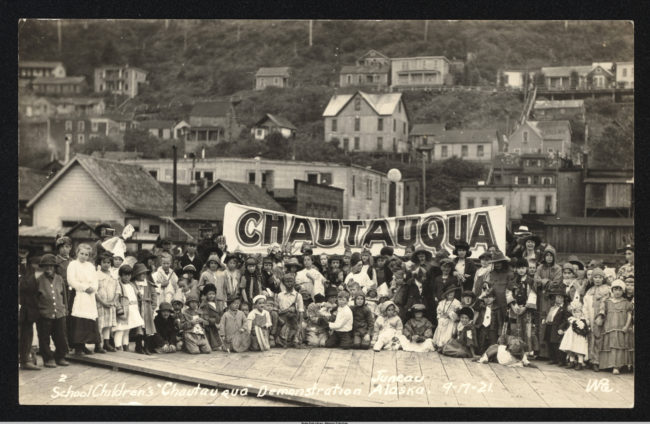 "School Children’s 'Chautauqua' Demonstration" in Juneau, Sept. 21, 1921. (Alaska State Library, David & Mary Waggoner Photographs & Papers, 1900-1940, Winter & Pond, ASL-PCA-492)