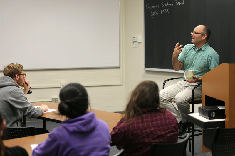 Phil Zuckerman speaks to his class at Pitzer College in Claremont, Calif. Zuckerman specializes in the study of "nonreligious" people. Scott Phillips/Courtesy of Pitzer College