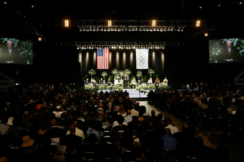 Sen. Orrin Hatch speaks during Muhammad Ali's memorial service in Louisville, Ky. Hatch said they became friends after the boxer came to visit him on Capitol Hill and that their friendship likely puzzled observers. David Goldman/AP