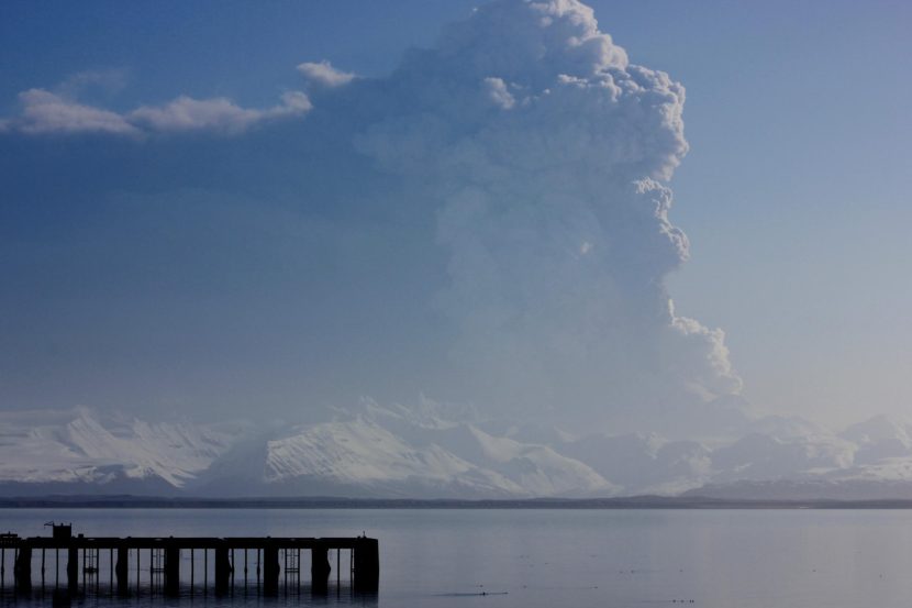 Pavlof Volcano erupted in March 2016, releasing a plume of ask. The current eruption is smaller. (Photo by Candace Shaack/courtesy KUCB)