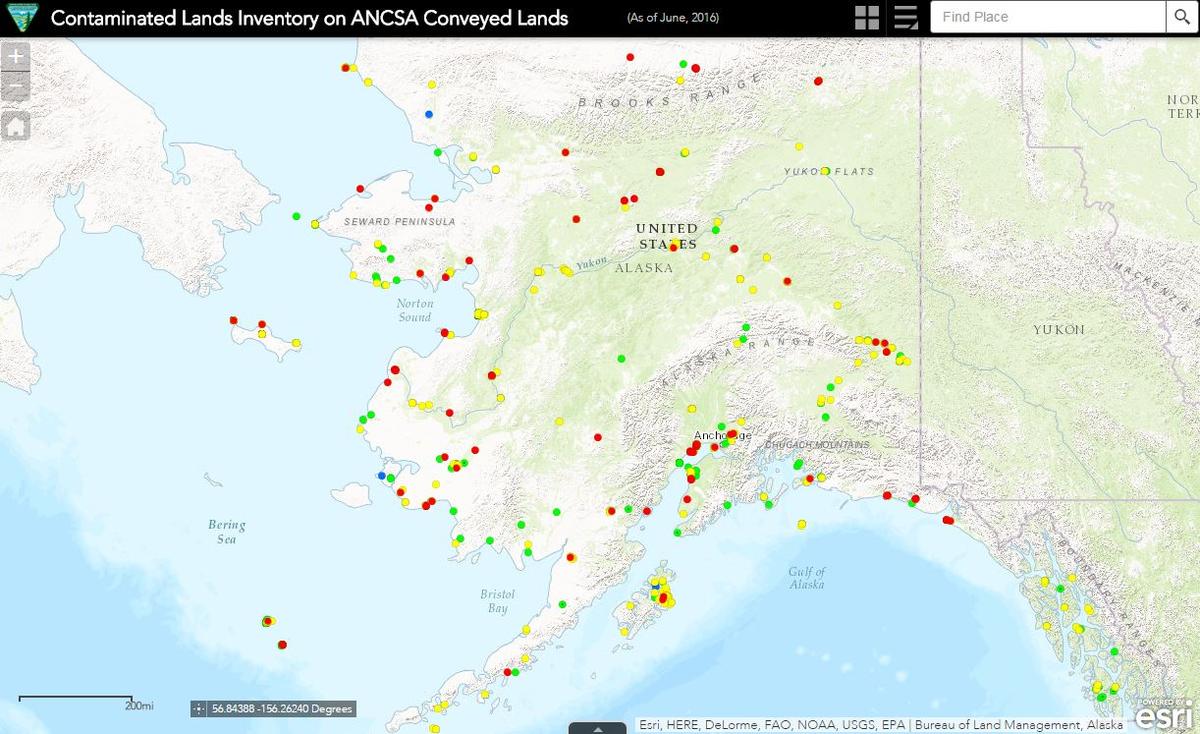 The BLM put together an inventory of 920 contaminated sites conveyed to Alaska Native Corporations, color-coded to indicate sites that have already been cleaned up, and those with work still to be done.