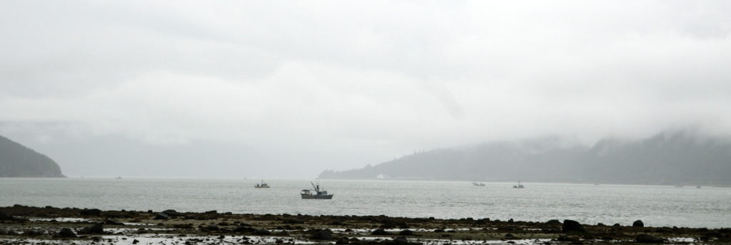 Commercial boats set nets at the mouth of the Chilkoot River on Monday. (Jillian Rogers, KHNS)