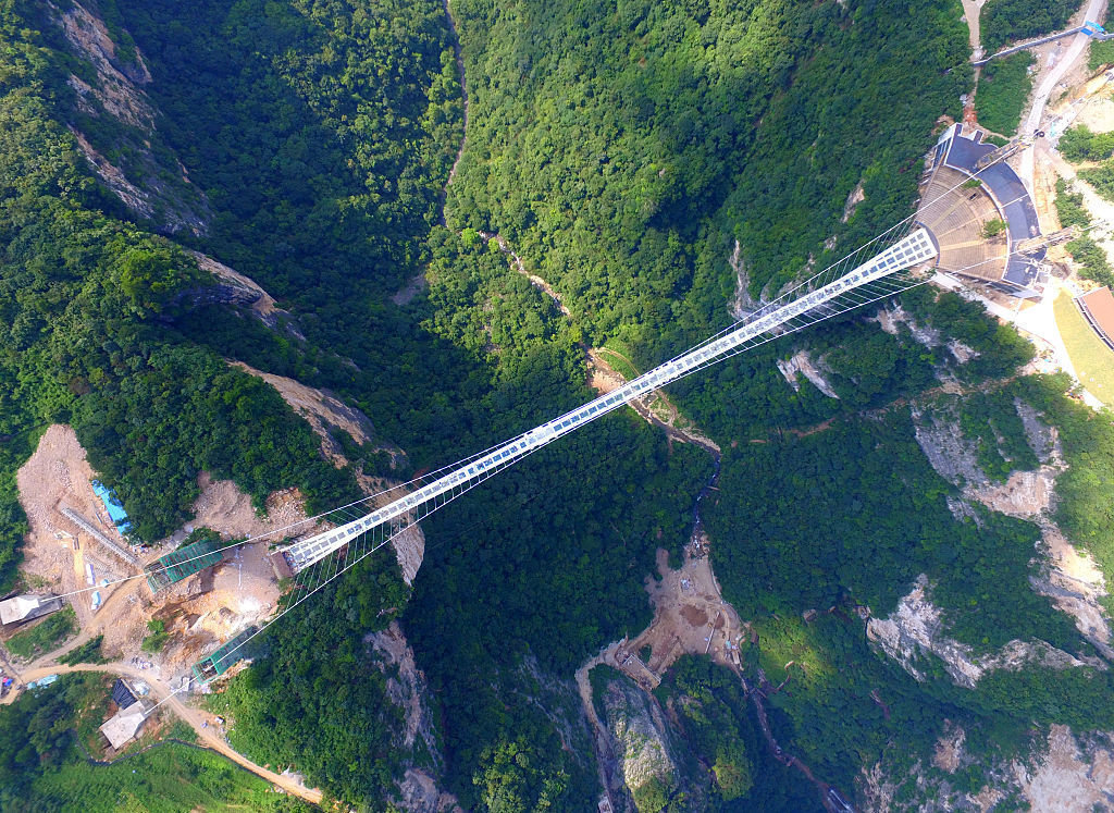 An aerial view of glass-bottom bridge at Zhangjiajie Grand Canyon on Saturday in China's Hunan province. Visual China Group via Getty