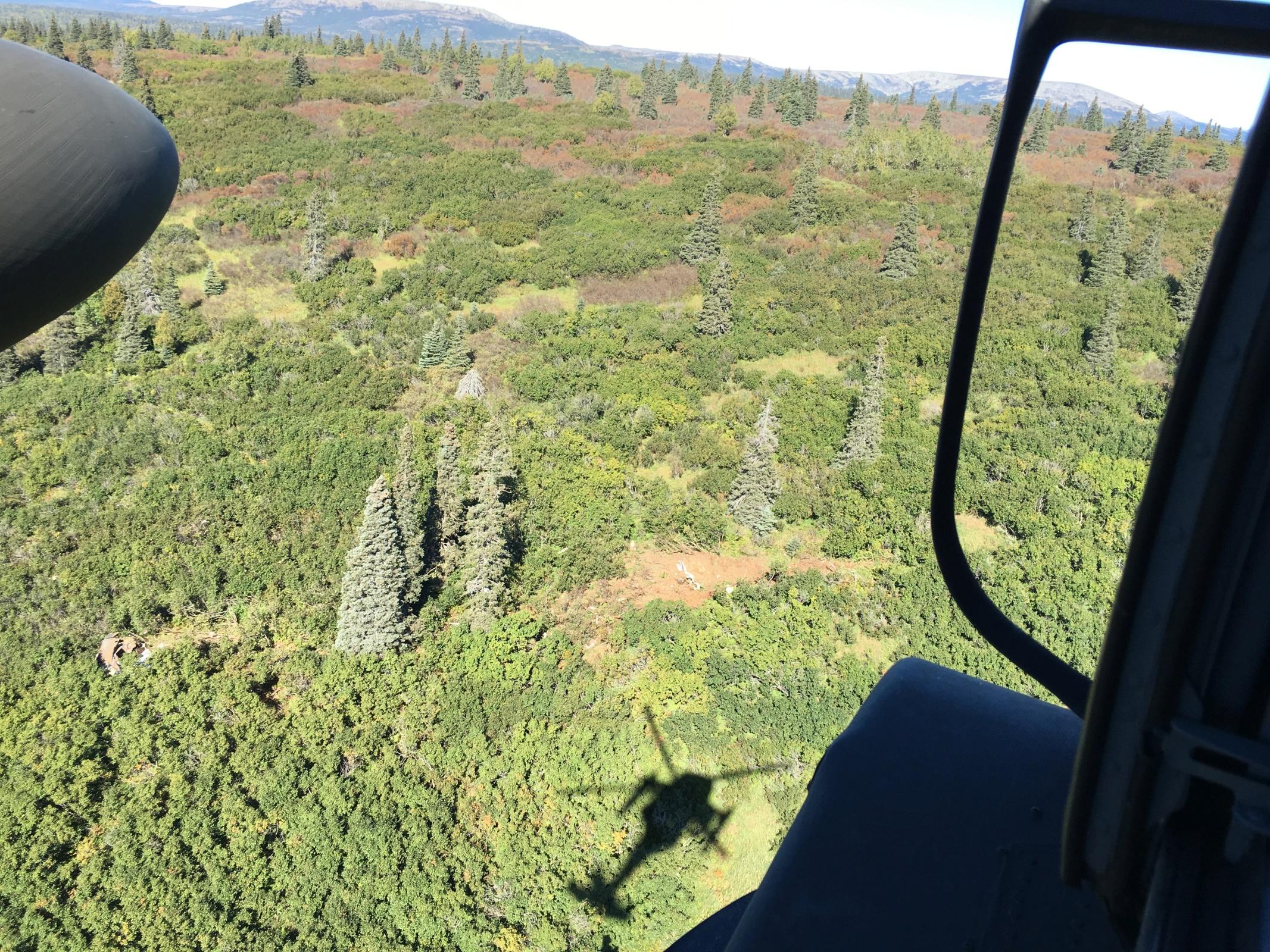 Crash site of one of the planes. The plane is visible just above the helicopter's shadow. (Alaska State Troopers)