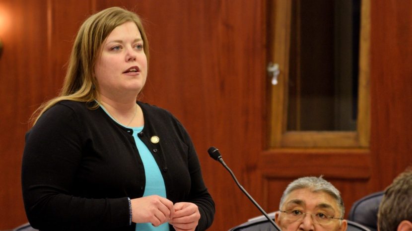 Rep. Geran Tarr addresses the Alaska House of Representatives on April 7, 2014. Tarr and Andy Josephson will replace Benjamin Nageak (seated) and David Talerico as the co-chairs of the House Resources Committee. (Photo by Skip Gray/360 North)
