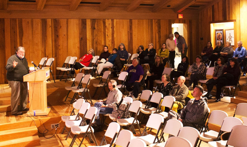 Steve Henrikson gives a presentation Thursday, Dec.1, 2016, on wearable armor worn by northern Northwest Coast Natives at the Sealaska Heritage Institute in downtown Juneau.. Henrikson is Alaska State Museum's curator of collections. (Photo by Tripp J Crouse/KTOO)