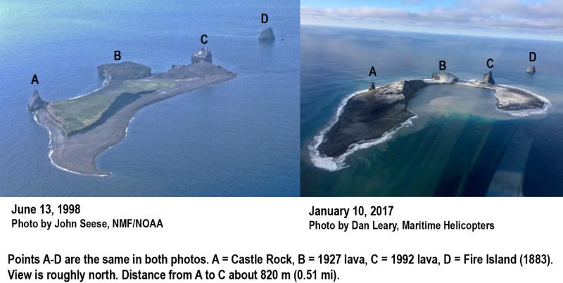 Before and after photos of Bogoslof Island show big changes after recent eruption