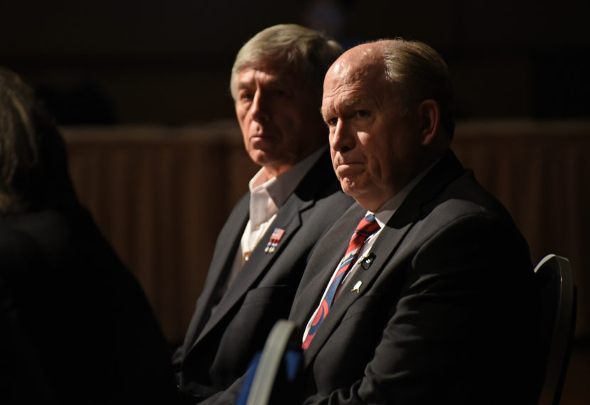 Gov. Bill Walker, right, and Lt. Gov. Byron Mallott listen during a Q&A session to discuss legislators' plans for reorganizing the Permanent Fund in April 2016.