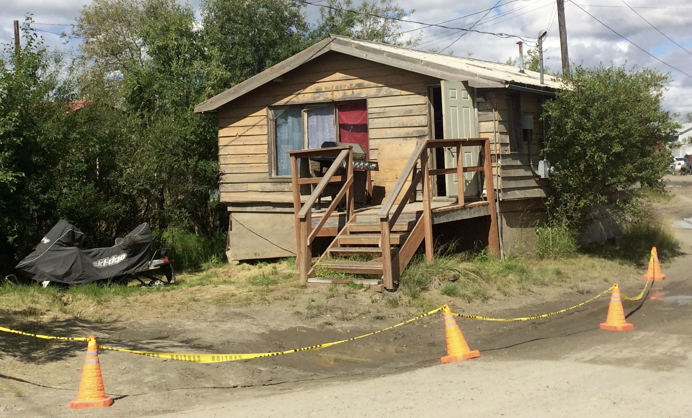 Yellow caution tape surrounds an alleged crime scene at 840 Jacobs Way, Bethel, where Jason Joseph Lupie is accused of murdering his wife, Marie Beebe Lupie. (Photo by Anna Rose MacArthur/KYUK)