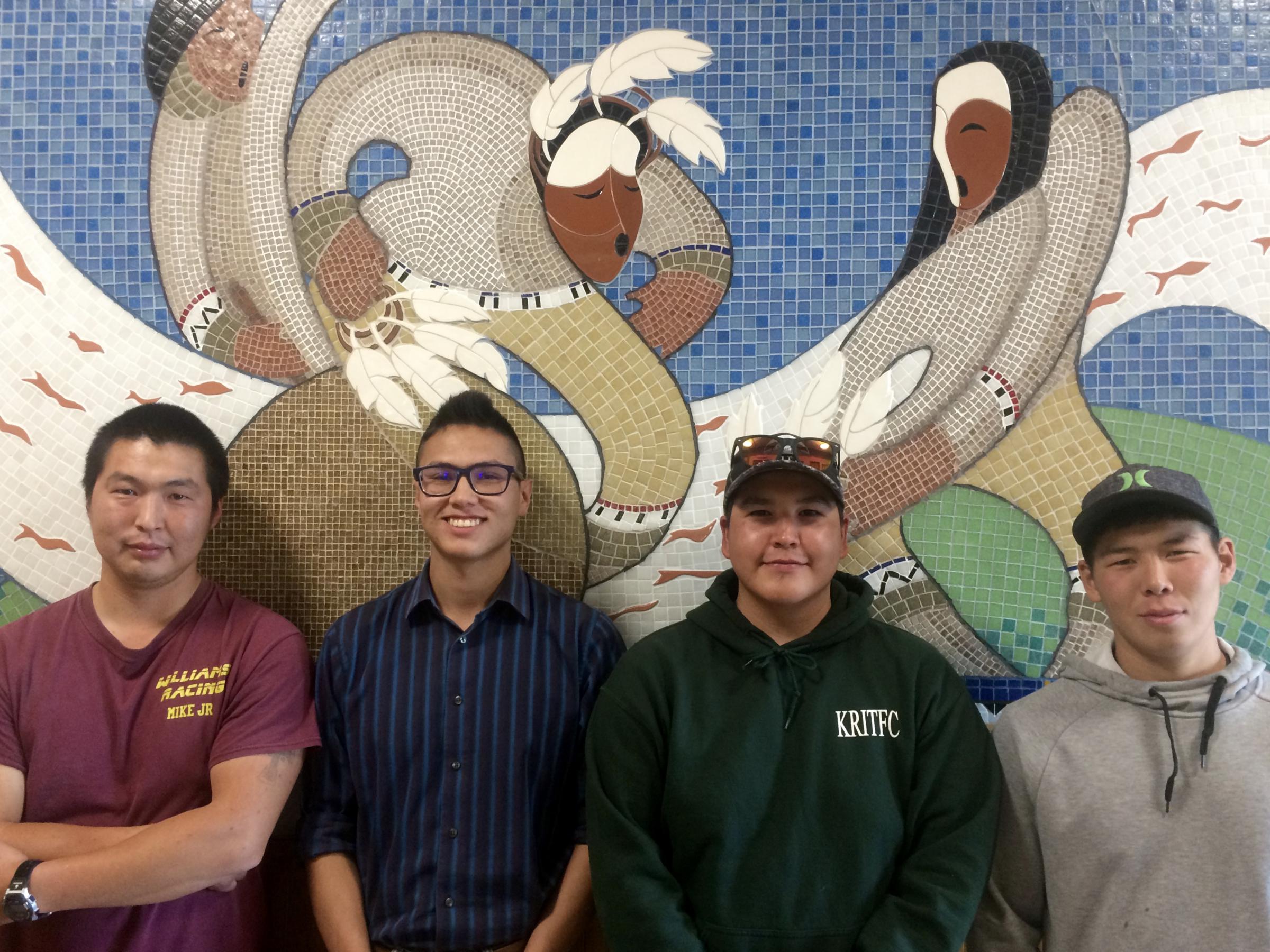 Community harvest monitors working with the Bering Sea Fishermen’s Association in Kuskokwim villages: (left to right) Mike Williams Jr., Ben Agimuk, Jackie Larson, and Bernard Williams. (Photo by Anna Rose MacArthur/KYUK)