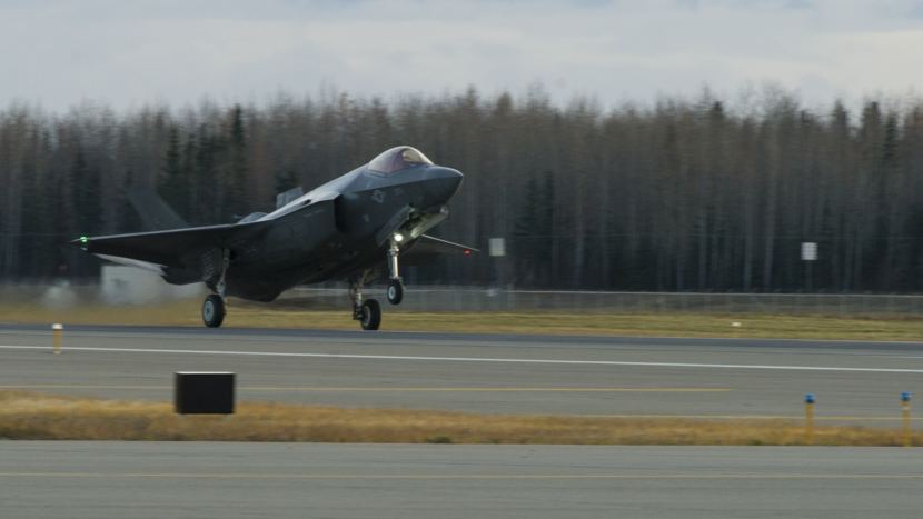 A U.S. Air Force F-35A Lightning II fighter aircraft lands on the runway Oct. 12, 2017, at Eielson Air Force Base. This is the first time in history an F-35, fifth generation multi-role fighter aircraft, has landed at Eielson.