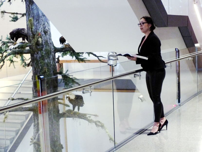 Soprano Tess Altiveros sings the final lullabye from 'off stage' during a preview of The Princess Sophia opera at the Father Andrew P. Kashevaroff State Library, Archives, and Museum in March 2018.
