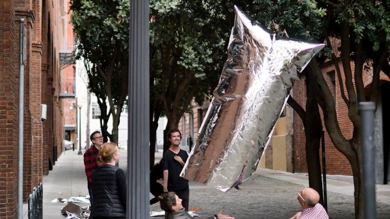 Wanda installation playing with floating mylar