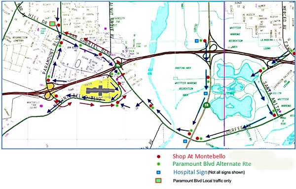 60detourMap Caltrans dio a conocer este mapa con las desviaciones para ayudar a la comunidad a circular alrededor del cierre de la autopista 60 este fin de semana. El mapa señala las rutas a hospitales, las rutas alternas al bulevar Paramount y como pueden el público llegar al centro comercial Montebello Town Center.