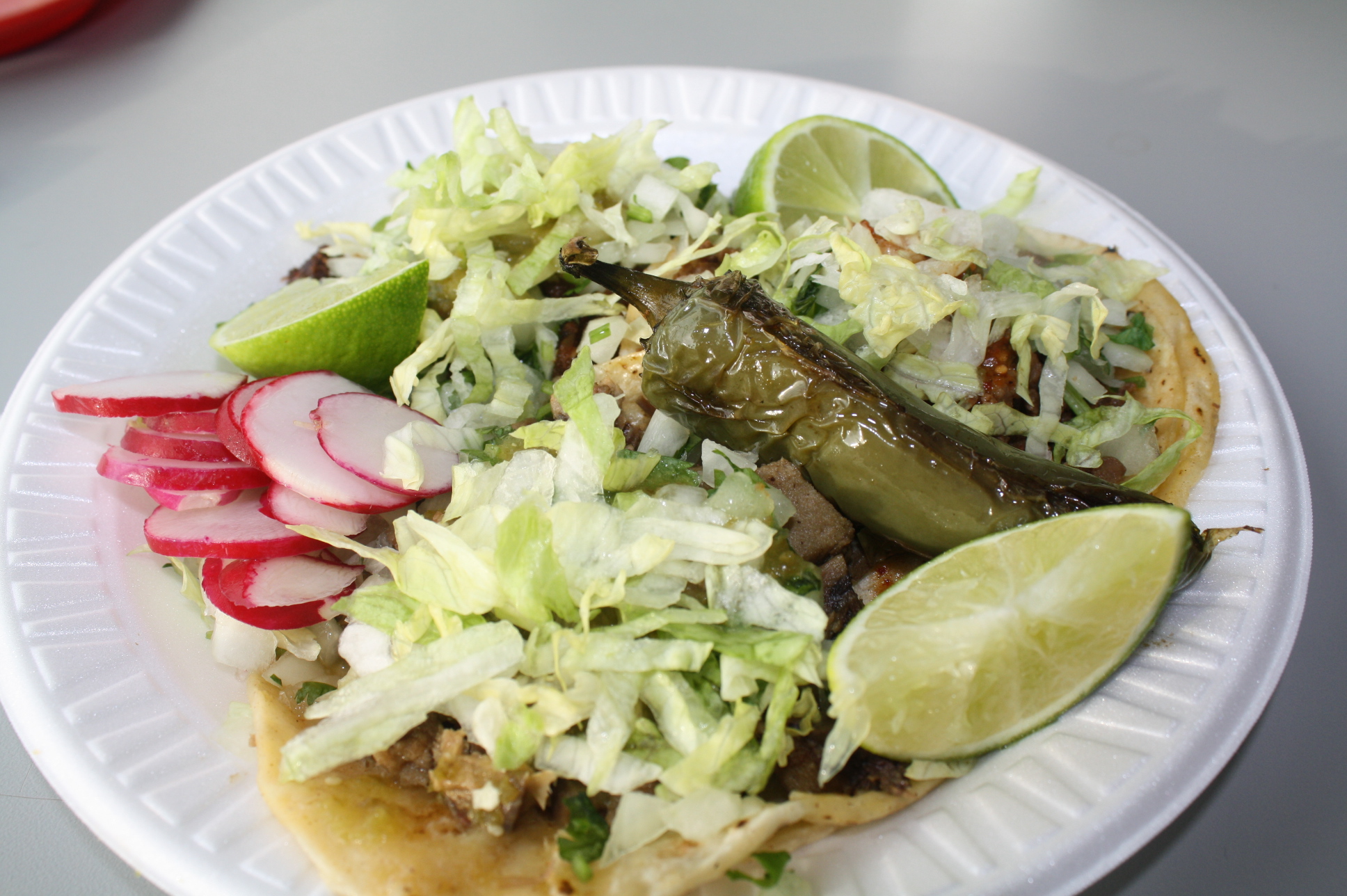 Tacos El Gavilan Tacos de lengua, asada y al pastor con los ingredientes y listos para comer (Foto de Agustín Durán/El Pasajero).