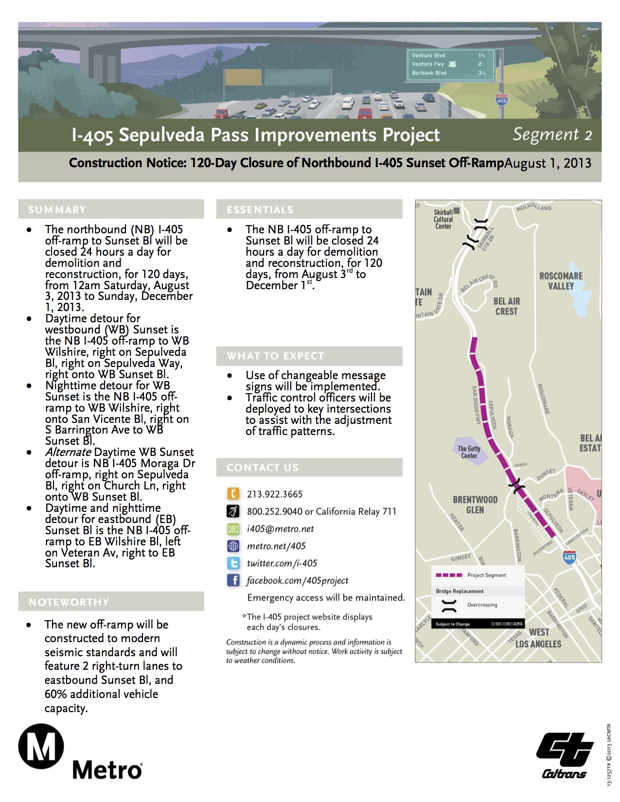 Página informativa sobre el cierre de 129 días de la rampa de salida al Sunset Boulevard, desde los carriles al norte de la autopista I-405