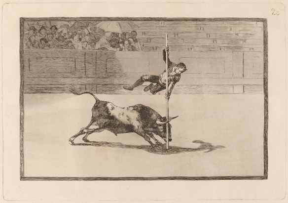 “La agilidad y audacia de Juanito Apinani en el Ruedo en Madrid” de Francisco Goya. Esta litografía es la número 20 de la serie Corrida de Toros. Esta extraordinaria litografía de Goya se expone en el Museo Norton Simon este fin de semana, el último. Visite el museo por la Línea Dorada de Metro