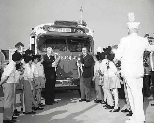 Metropolitan Coach Lines president Jesse Haugh, left, Walt Disney and Mouseketeers with Disneyland Express, 1955. Metropolitan Coach Lines president Jesse Haugh, left, Walt Disney and Mouseketeers with Disneyland Express, 1955.