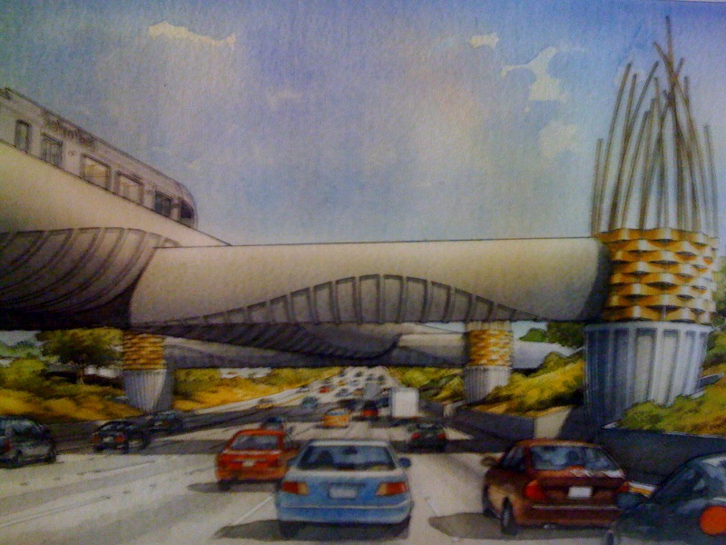 Foothill2 A rendering of the bridge that would take the Foothill Extension of the Gold Line from the middle of the 210 freeway to the south side and toward Arcadia