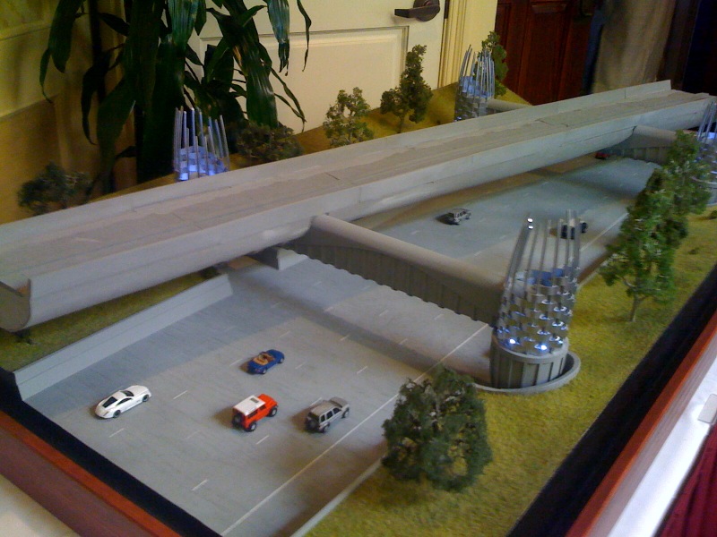 Foothill1 An architect's model of the bridge for the Foothill Bridge over the eastbound lanes of the 210 freeway