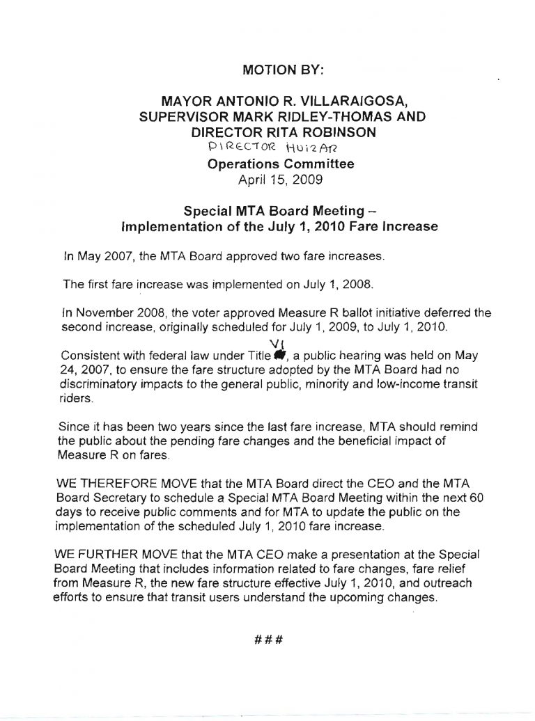 Motion asks Board of Directors to hold special meeting to review fare