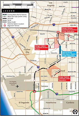 CrenshawLAXmap Metro plans to build a light rail line from the intersection of Exposition and Crenshaw boulevards to the Metro Green Line's Aviation/LAX station.