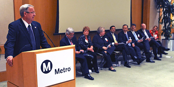 cerritos495 Los Angeles County Supervisor and Metro Chairman Don Knabe leads transportation panel at Cerritos Library. From left, Metro CEO Art Leahy, Lakewood City Councilwoman Diane Dubois, Santa Monica City Councilwoman Pam O'Connor, FTA / FHWA team leader Ray Tellis, and Metro staff members Raffi Hamparian, Michael Turner, Doug Failing and Renee Berlin. Photo by Juan Ocampo