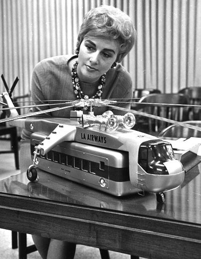 Flying Bus circa 1965 A woman inspects a model of helicopter with passenger-carrying pod in photo published April 4, 1965, in the Los Angeles Times. Photo courtesy of Los Angeles Times photographic archive, UCLA Library.