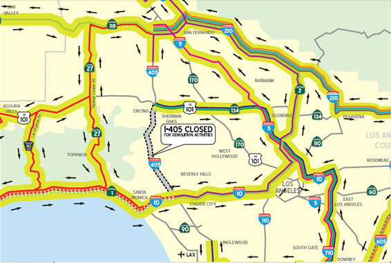 I-405 detour maps revised 6.2.11 UPDATE 6.2.11 - Click on detail above for a set of maps that illustrate detours for planned closure of a portion of the I-405 July 16-17.