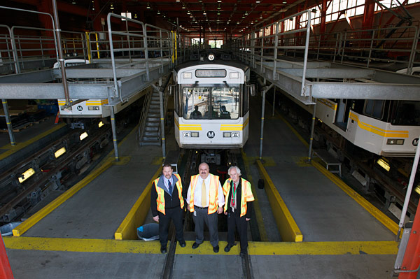 Blue Line train yard Rail Fleet Services team oversee the rail car overhaul program at the Metro Blue Line maintenance facility. From left, Brian Rydell, Nick Madanat, Russell Homan. Photos by Gary Leonard.