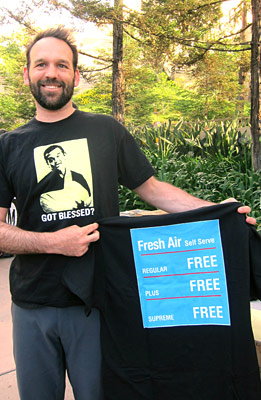 Blessings wear Car-free cyclist Nate Baird, an LADOT bike program planner, wears his blessings at Good Samaritan Hospital bike week event.