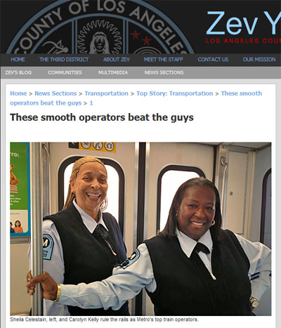Supervisor Yaroslavsky's website features Metro's first all-female team of operators to compete in the APTA International Rail Rodeo. Image is a screen shot from Supervisor Zev Yaroslavsky's website: zev.lacounty.gov