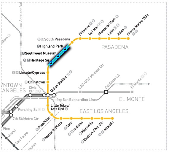 Metro Gold Line map Buses, not trains, will serve Highland Park, Southwest Museum and Heritage Square stations of the Metro Gold Line this weekend. Just to be sure, plan 20 to 40 minutes extra to get where you're going.